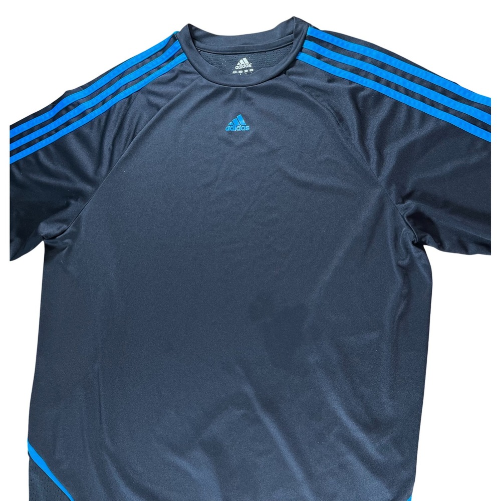 Adidas Mens Training Shirt Navy Blue Light Blue 3-Stripe Mesh Back Large